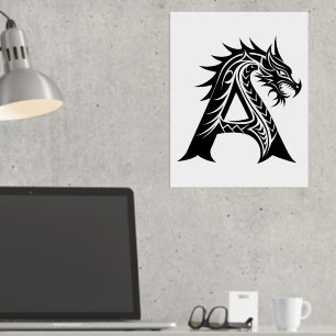 Dragon Styled Letter A, Dragon Alphabet, Monogram Foil Prints