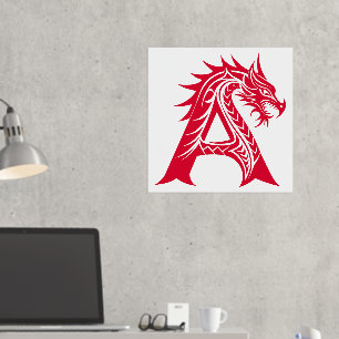 Dragon Styled Letter A, Dragon Alphabet, Monogram Foil Prints