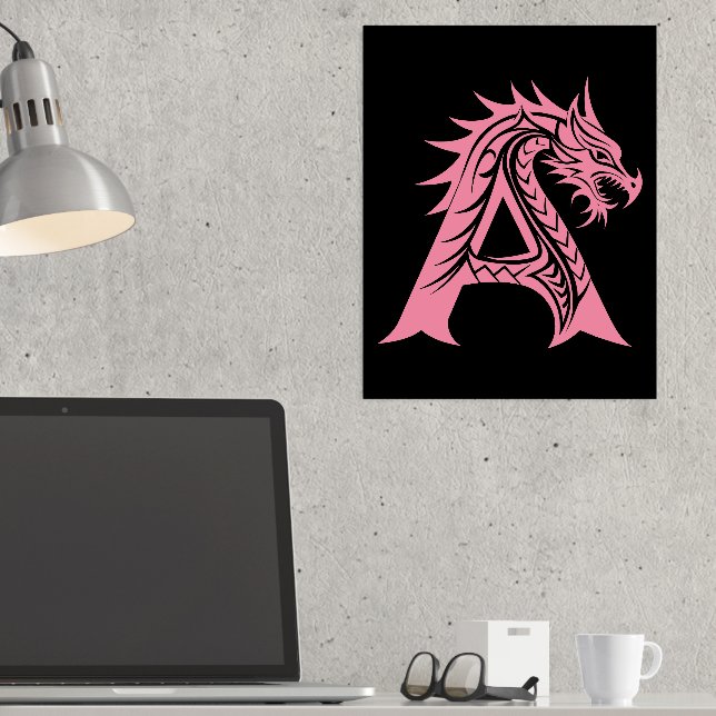 Dragon Styled Letter A, Dragon Alphabet, Monogram Foil Prints (In Situ (Desk))