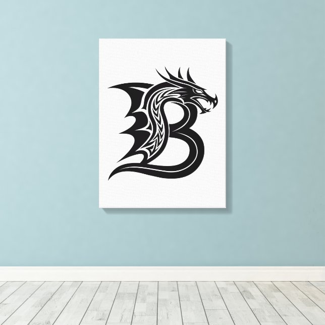 Dragon Styled Letter B, Dragon Alphabet, Monogram Canvas Print (Insitu(Wood Floor))