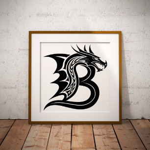 Dragon Styled Letter B, Dragon Alphabet, Monogram Photo Print