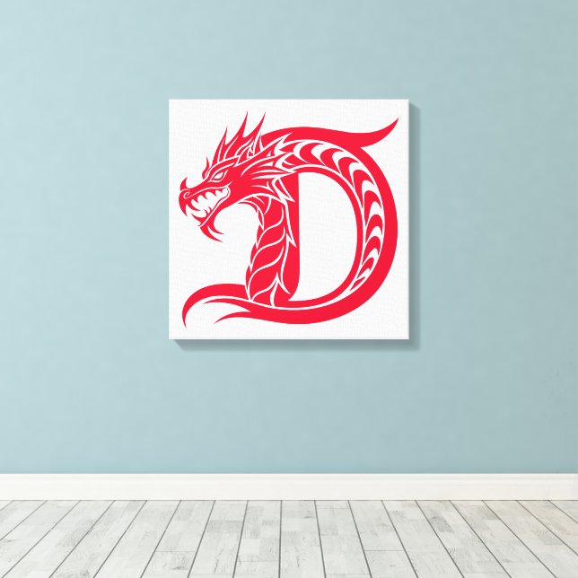 Dragon Styled Letter D, Dragon Alphabet, Monogram Canvas Print (Insitu(Wood Floor))
