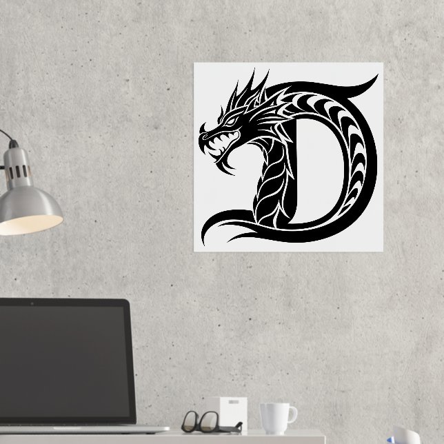 Dragon Styled Letter D, Dragon Alphabet, Monogram Foil Prints (In Situ (Desk 2))