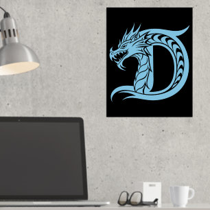 Dragon Styled Letter D, Dragon Alphabet, Monogram Foil Prints