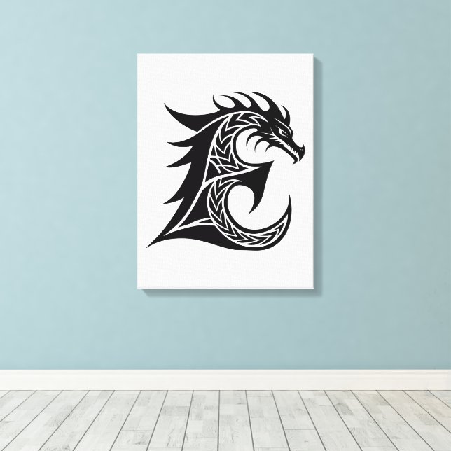 Dragon Styled Letter E, Dragon Alphabet, Monogram Canvas Print (Insitu(Wood Floor))