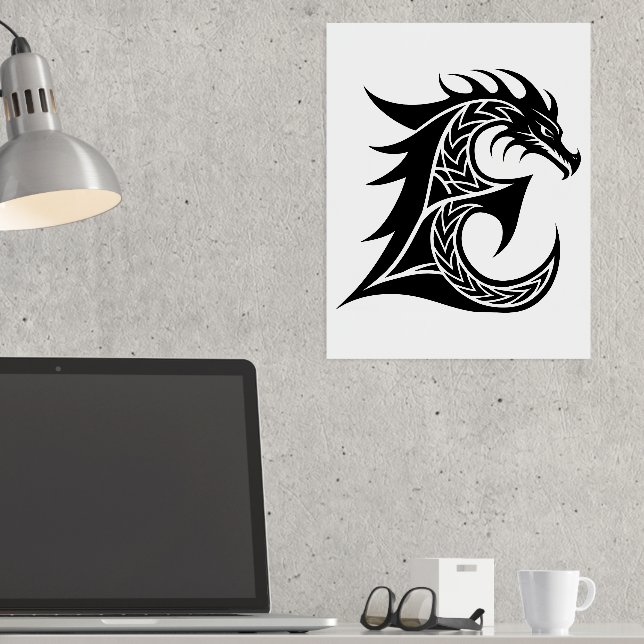 Dragon Styled Letter E, Dragon Alphabet, Monogram Foil Prints (In Situ (Desk))