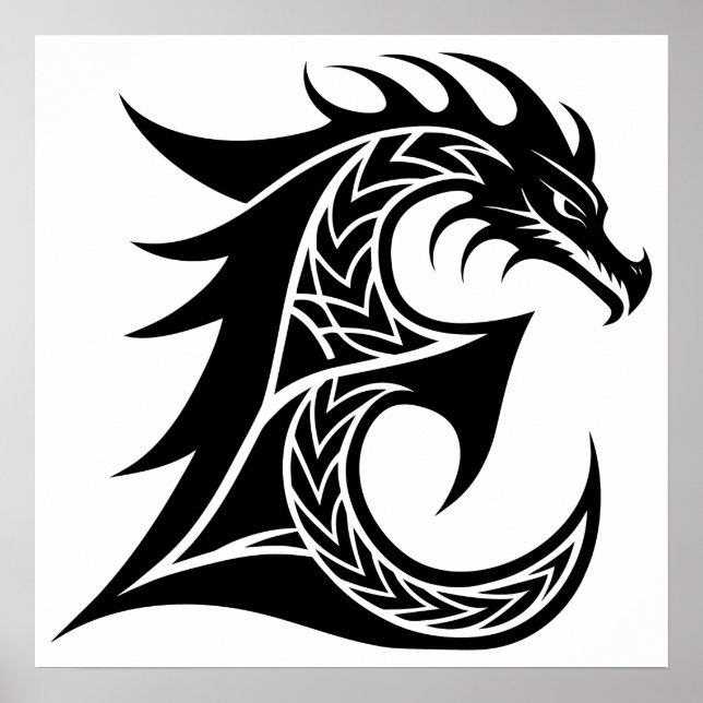 Dragon Styled Letter E, Dragon Alphabet, Monogram Poster (Front)