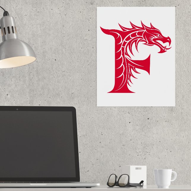 Dragon Styled Letter F, Dragon Alphabet, Monogram Foil Prints (In Situ (Desk))