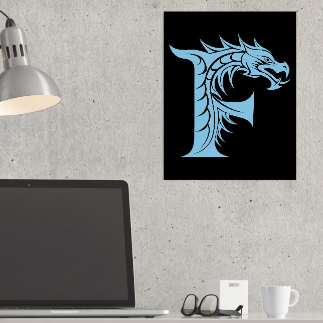Dragon Styled Letter F, Dragon Alphabet, Monogram Foil Prints (In Situ (Desk))