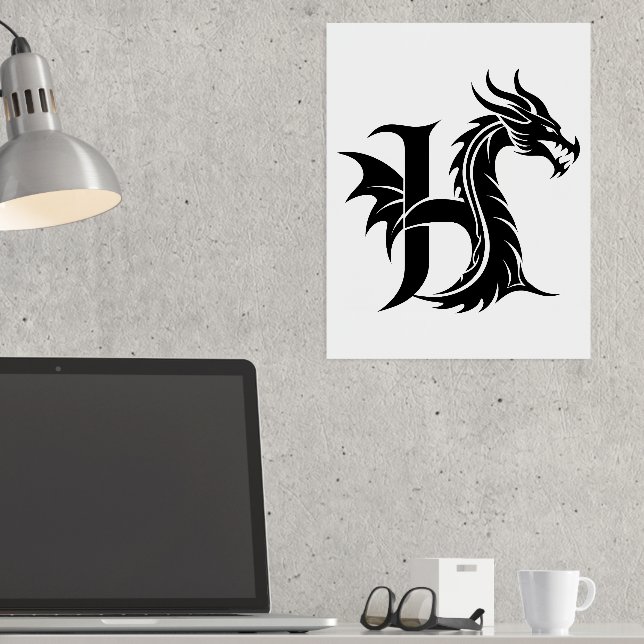 Dragon Styled Letter H, Dragon Alphabet, Monogram Foil Prints (In Situ (Desk))