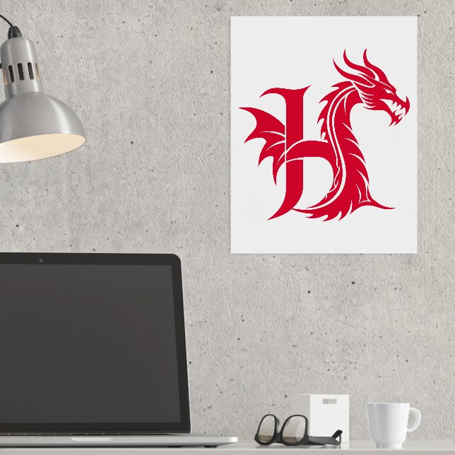 Dragon Styled Letter H, Dragon Alphabet, Monogram Foil Prints (In Situ (Desk))