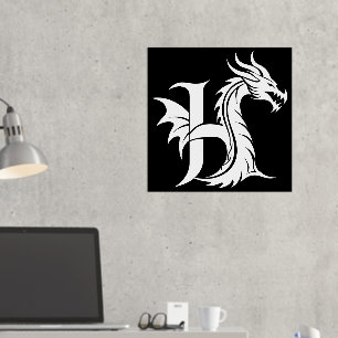 Dragon Styled Letter H, Dragon Alphabet, Monogram Foil Prints