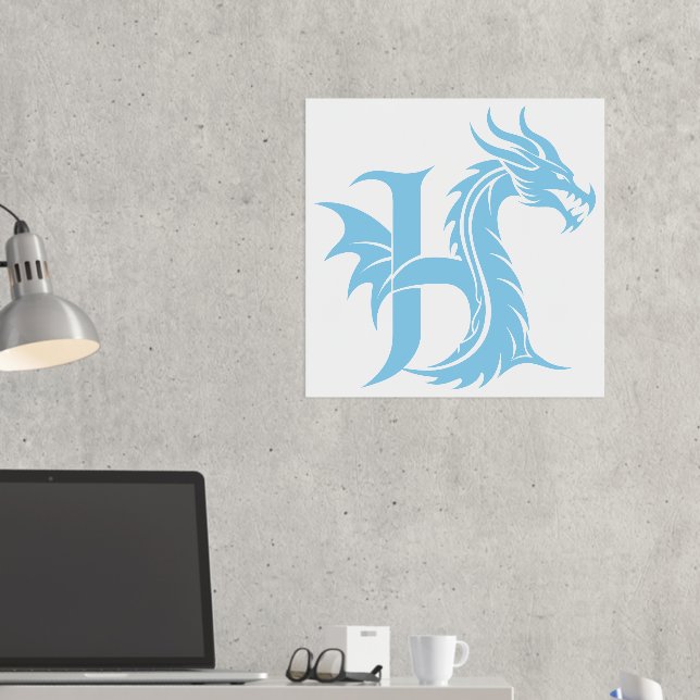 Dragon Styled Letter H, Dragon Alphabet, Monogram Foil Prints (In Situ (Desk 2))