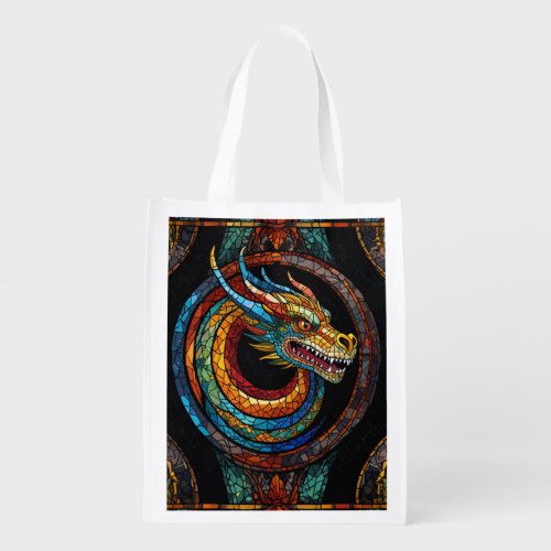 Dragon Swirl in multi colored mosaic design Grocery Bag