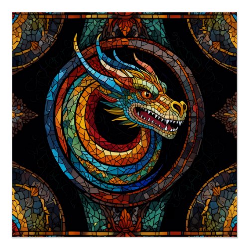 Dragon Swirl in multi colored mosaic design Poster