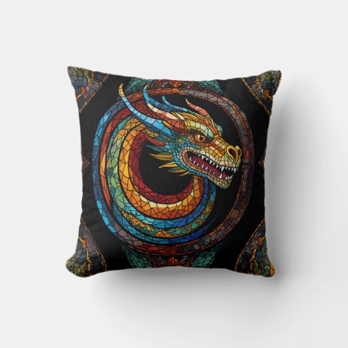 Dragon Swirl in multi colored mosaic design Throw Pillow