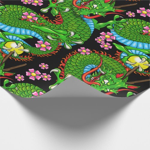 Dragon Tattoo Art in Green Red with Cherry Blossom Wrapping Paper