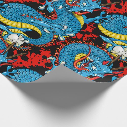 Dragon Tattoo Art in Red and Blue Wrapping Paper