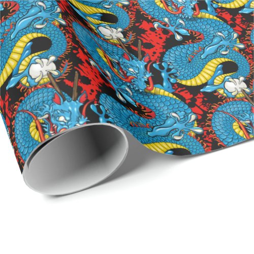 Dragon Tattoo Art in Red and Blue Wrapping Paper