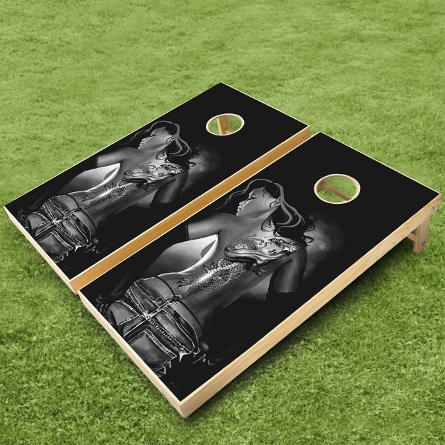 Dragon Tattoo Woman Black White Cornhole Set (Creator Uploaded)