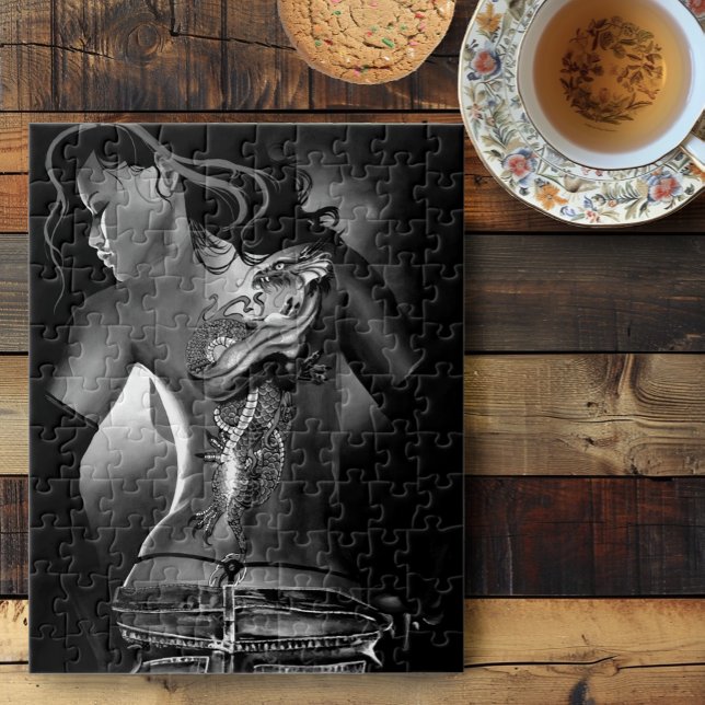 Dragon Tattoo Woman Black White Jigsaw Puzzle (Creator Uploaded)