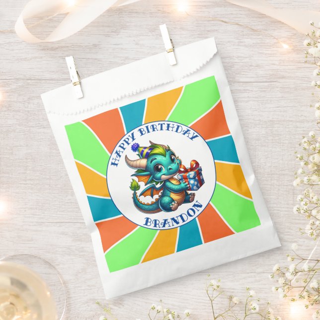 Dragon Themed Boy's Birthday Party Favor Bag (Clipped)