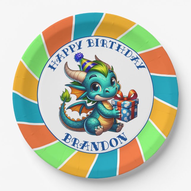 Dragon Themed Boy's Birthday Party Paper Plates (Front)