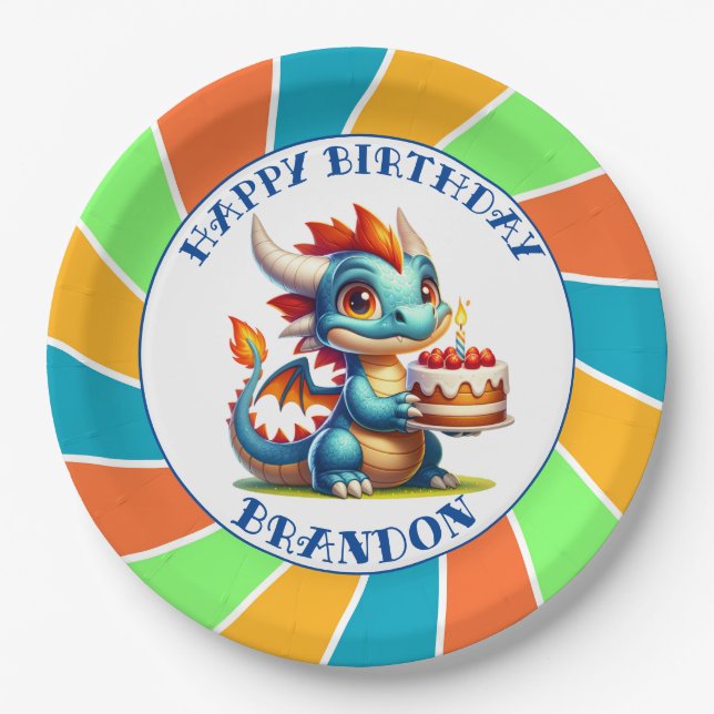 Dragon Themed Boy's Birthday Party Paper Plates (Front)