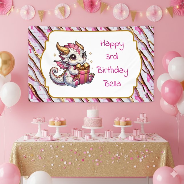 Dragon Themed Pink and Gold Personalized Birthday Banner (Creator Uploaded)