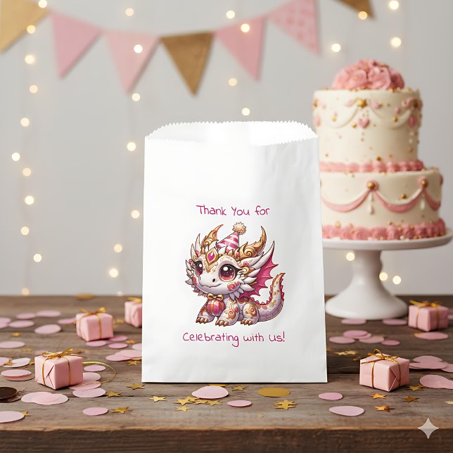Dragon Themed Pink and Gold Personalized Birthday Favor Bag (Creator Uploaded)