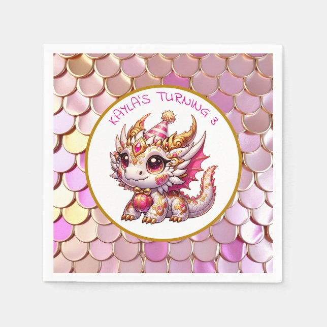Dragon Themed Pink and Gold Personalized Birthday Napkins (Front)