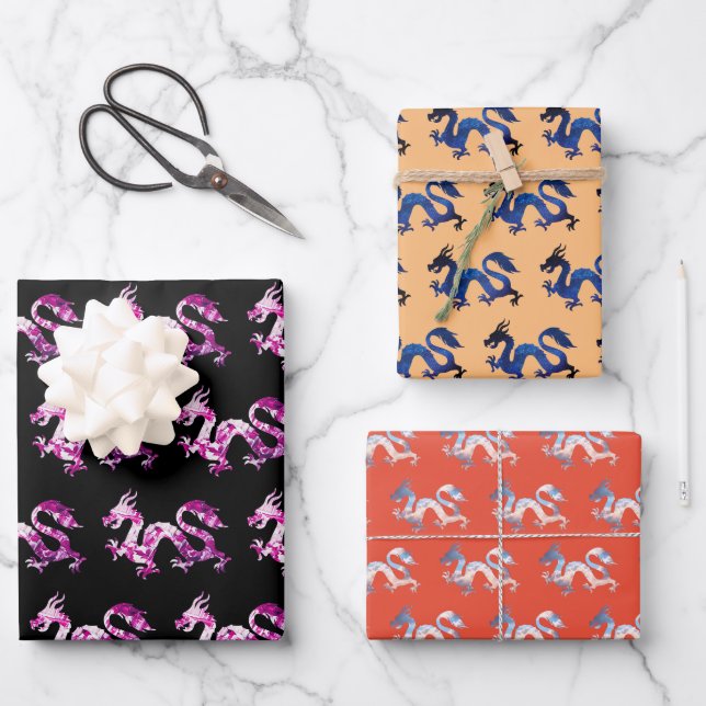 Dragon Trio Wrapping Paper Sheets (Front)