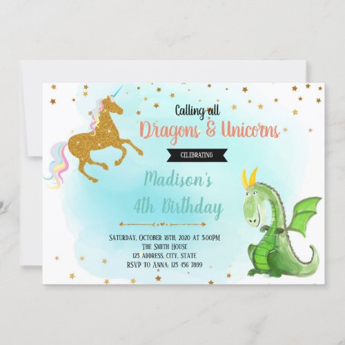 Dragon unicorn party invitation
