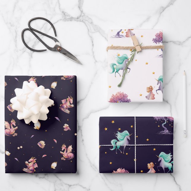Dragon & Unicorn Wrapping Paper Set (3 Sheets) (Front)