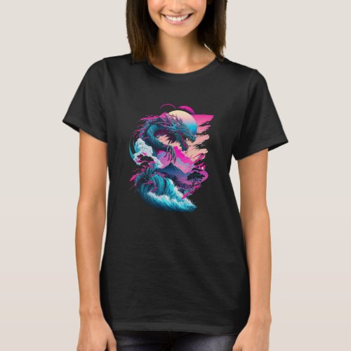 Dragon Vaporwave Abstract Landscape Moon Tree Wate T_Shirt