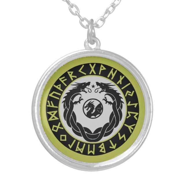 Dragon Viking Rune Protection Silver Plated Necklace (Front)