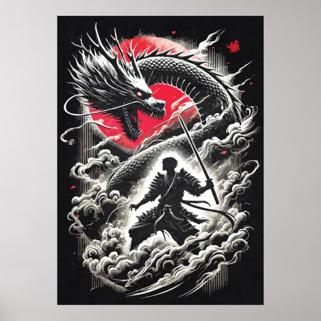 Dragon vs Samurai Warrior - Japanese Tattoo Poster (Front)