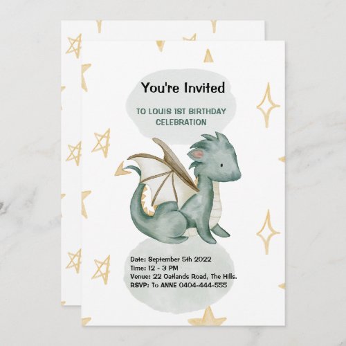dragon watercolor birthday invitation