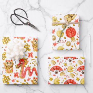 Dragon & Waving Cat Chinese New Years Wrapping Paper Sheets
