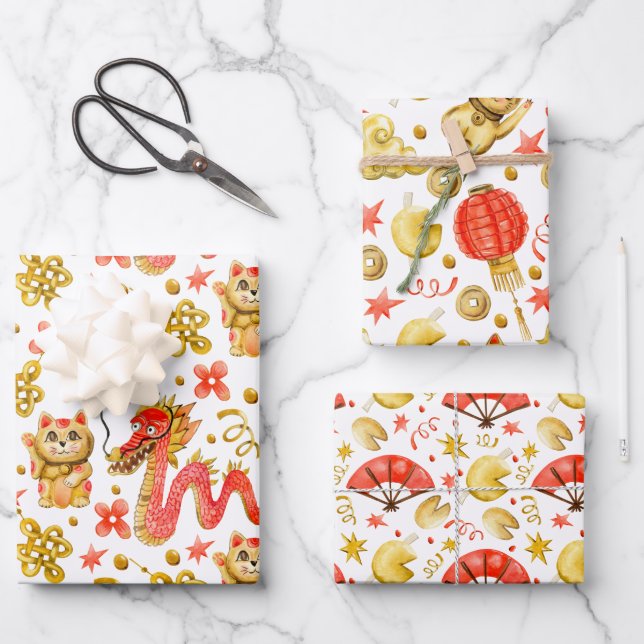 Dragon & Waving Cat | Chinese New Years Wrapping Paper Sheets (Front)