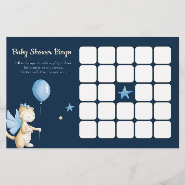Dragon with Balloon Blue Baby Shower Bingo Card (Front)
