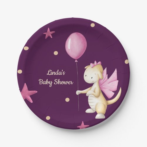 Dragon with Balloon Dark Pink Girl Baby Shower Paper Plates