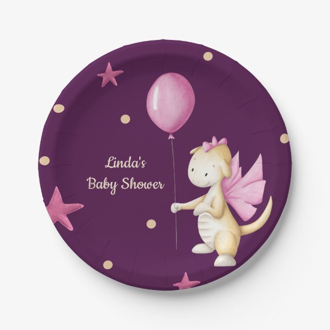 Dragon with Balloon Dark Pink Girl Baby Shower Paper Plates (Front)