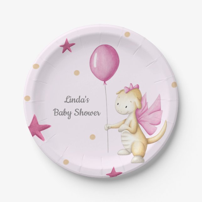 Dragon with Balloon Light Pink Girl Baby Shower Paper Plates (Front)