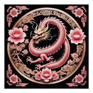 Dragon with Pink Flowers  Poster