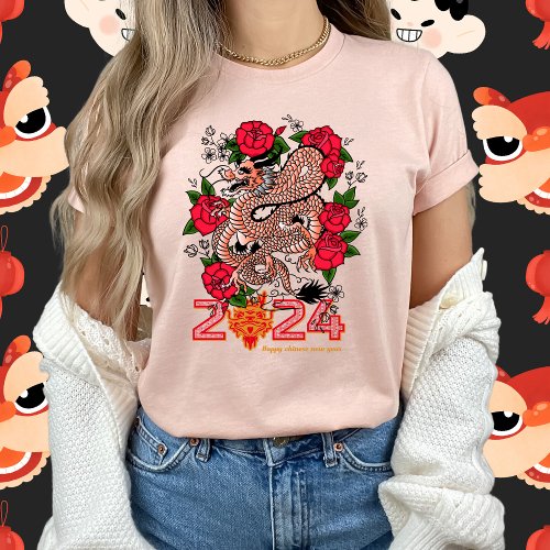 Dragon With Red Rose_2024 Dragon Chinese New Year T_Shirt