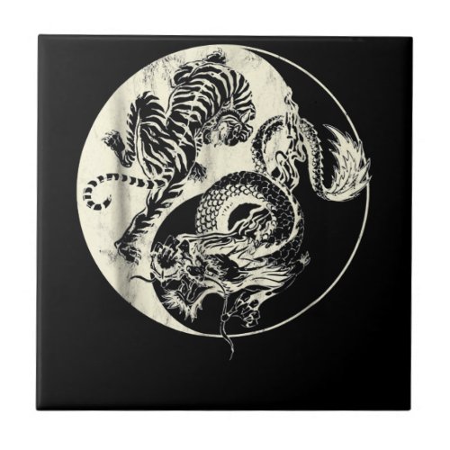 Dragon With Tiger Tattoo YIN And Yang Beast Fight Ceramic Tile