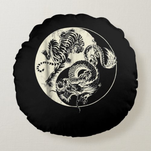 Dragon With Tiger Tattoo YIN And Yang Beast Fight Round Pillow