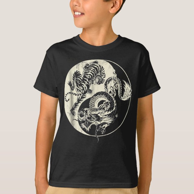 Dragon With Tiger Tattoo YIN And Yang Beast Fight T-Shirt (Front)