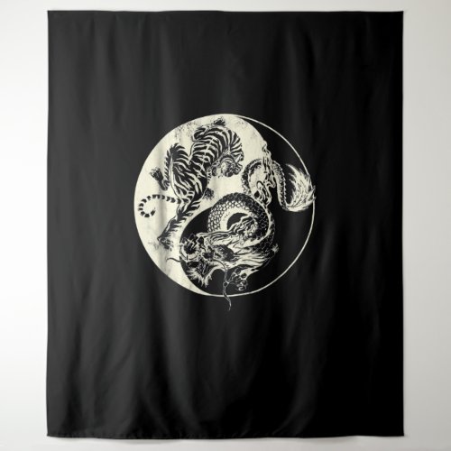 Dragon With Tiger Tattoo YIN And Yang Beast Fight Tapestry